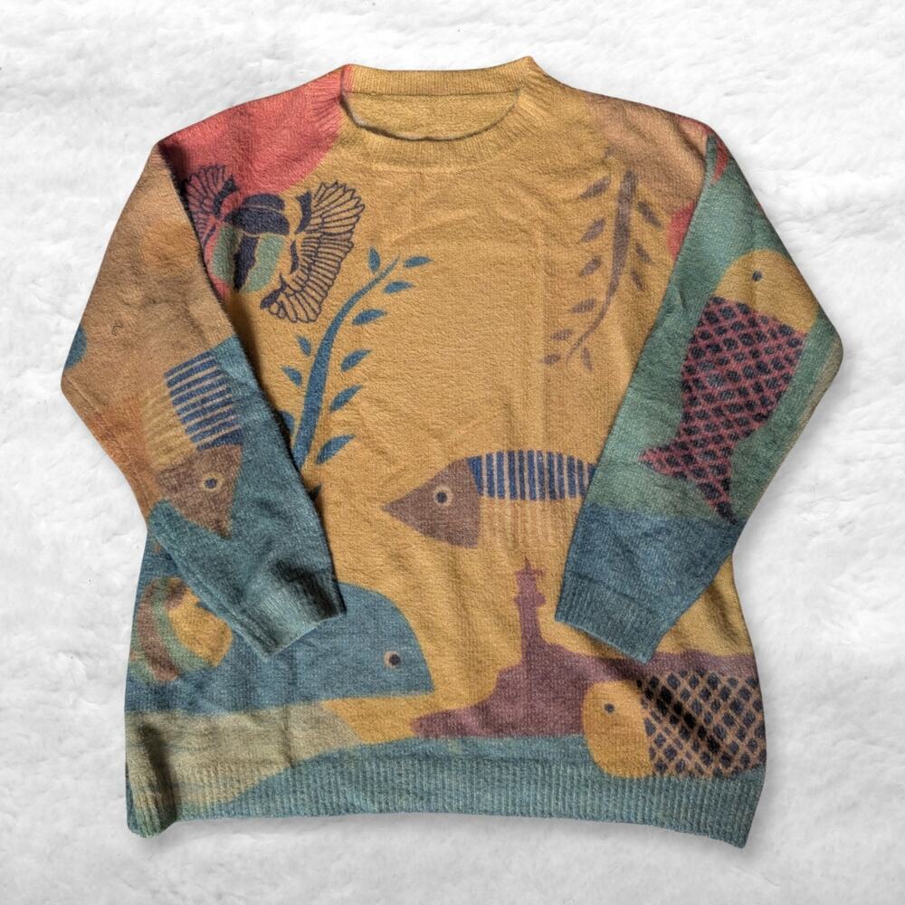 yesno oversized nautical sea life wool blend sweater